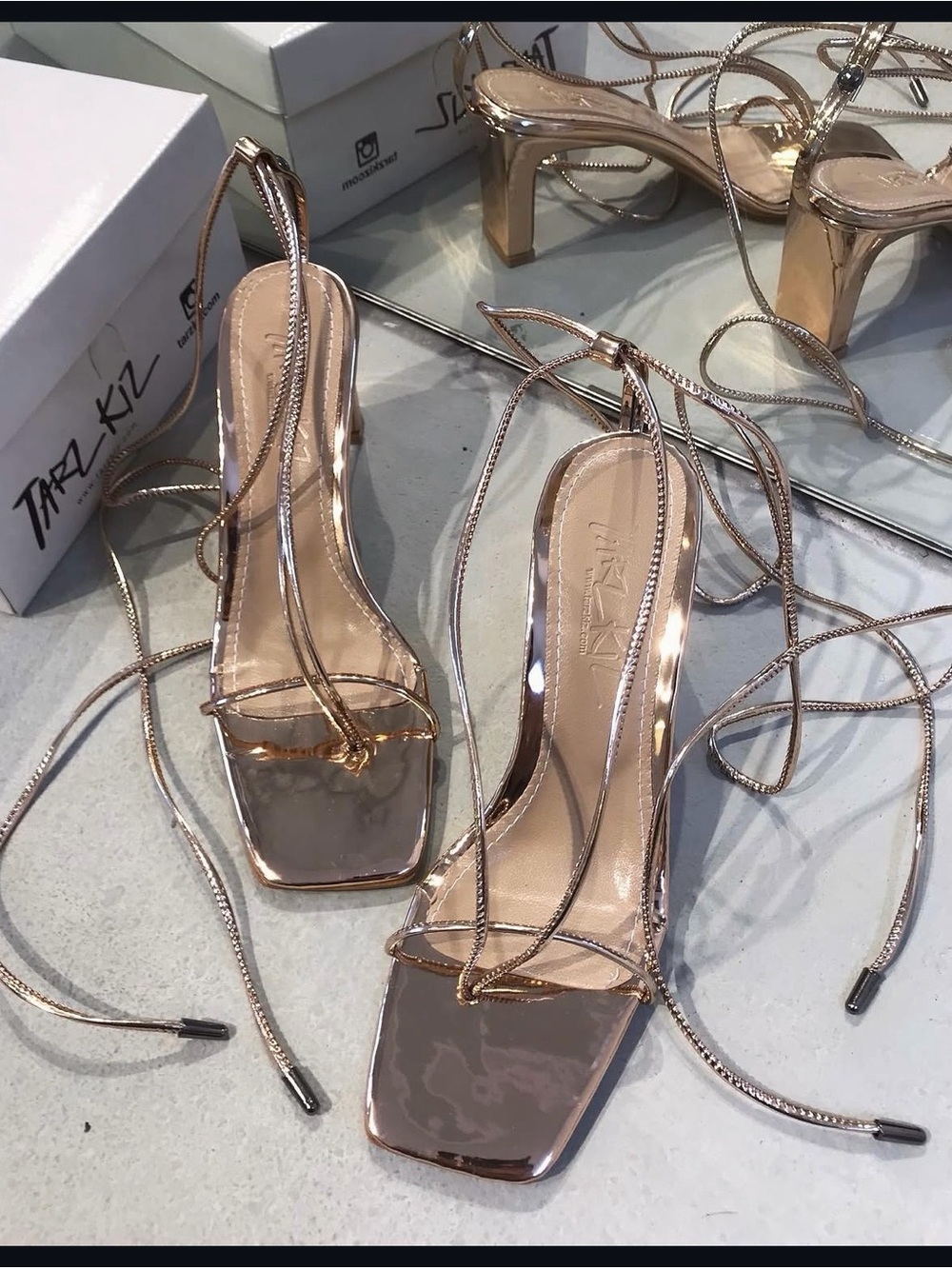 Rose Gold Lace-Up Block Heel Sandals